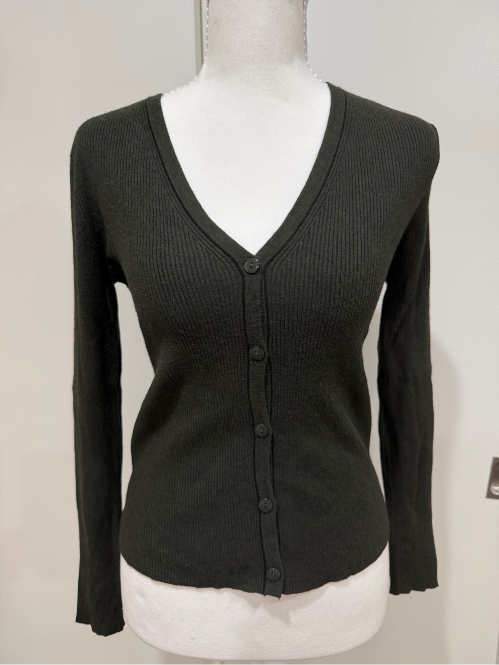 Women’s Dark Green V-Neck Button Cardigan Sweater